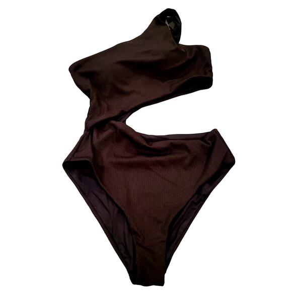 Fisoew One Piece Ribbed One Shoulder Cutout Sexy Bathing Suit, Black, M (8-10) - Picture 5 of 9